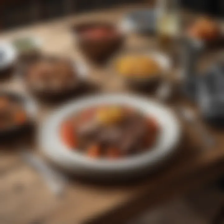 A rustic wooden table set with various simple dinner plates