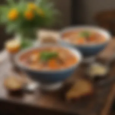 A cozy table setting featuring two bowls of hearty soup with garnishes.