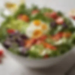 A vibrant salad bowl with a variety of fresh greens and colorful vegetables.