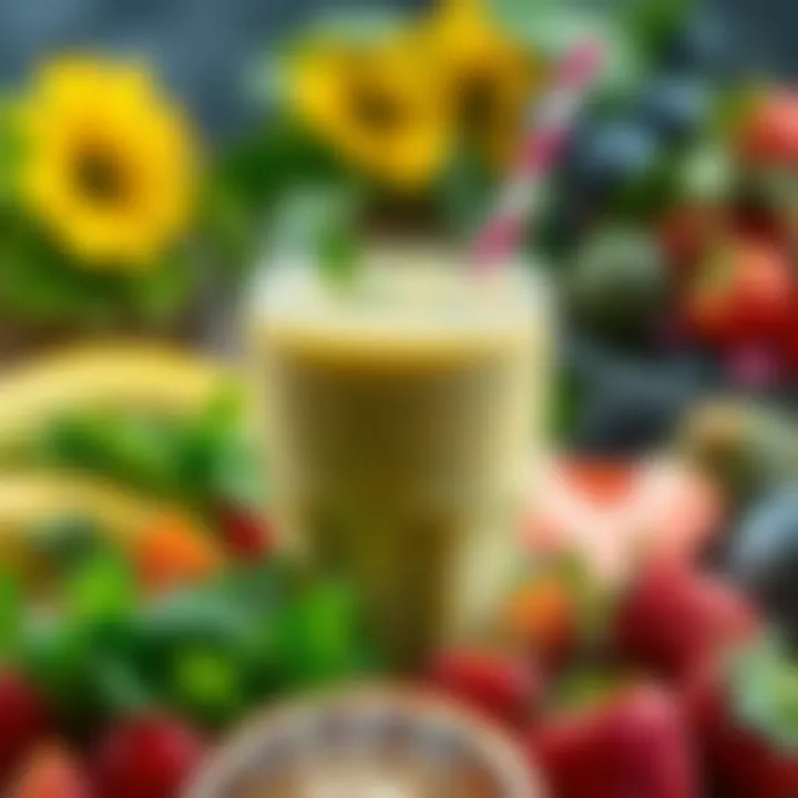 Refreshing Smoothie for Nutritional Balance A vibrant smoothie surrounded by fresh fruits and greens, emphasizing health and simplicity.