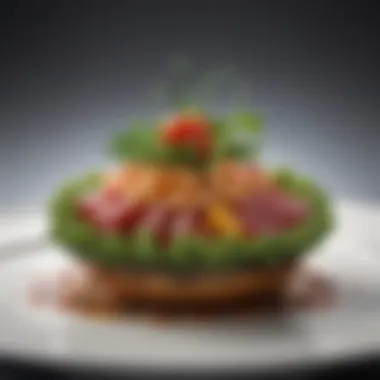 A close-up shot of a single dish with unique garnishes and artistic flair