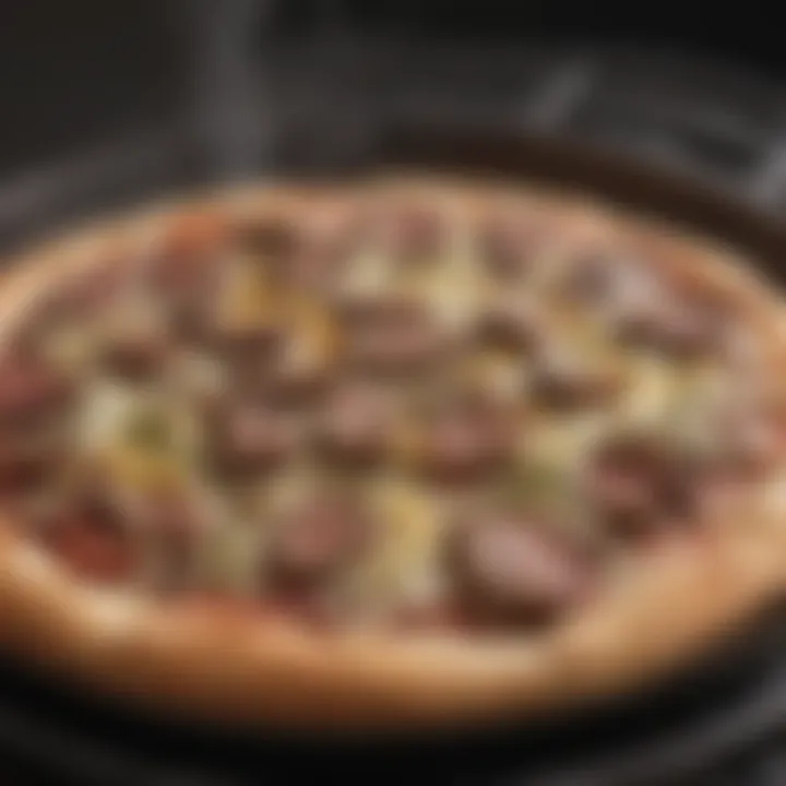 A sizzling skillet showcasing the cooking method for steak and cheese pizza.