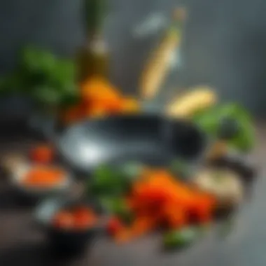 Diverse ingredients being arranged around the Skylight Wok Pan to suggest versatility.