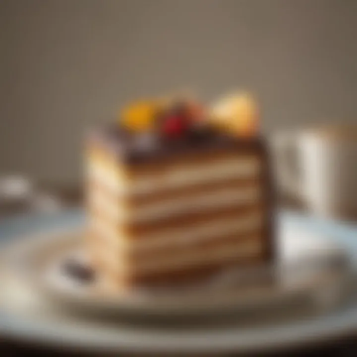 An elegant slice of Smith Island Cake on a vintage plate, highlighting the rich fillings between the layers.