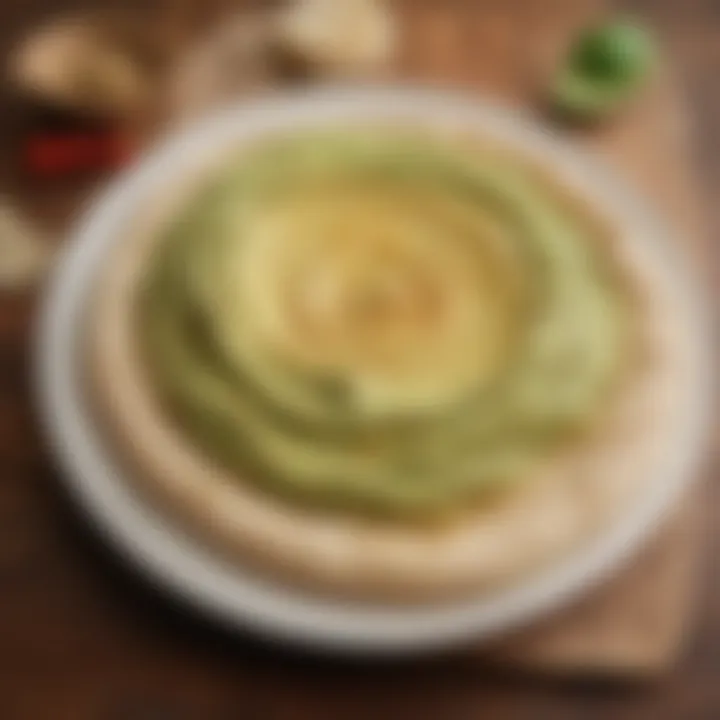 A spoonful of avocado hummus being spread on a slice of pita bread