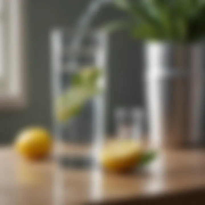 A refreshing glass of spring water placed on a table beside a water cooler