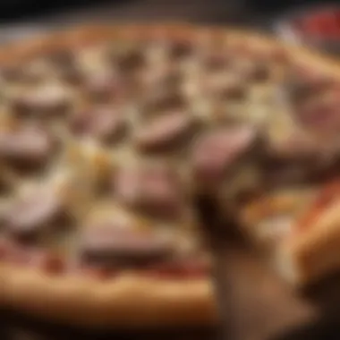 Close-up of a beautifully crafted steak and cheese pizza with rich toppings.