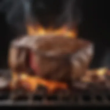 Grilling steak over an open flame with smoke rising