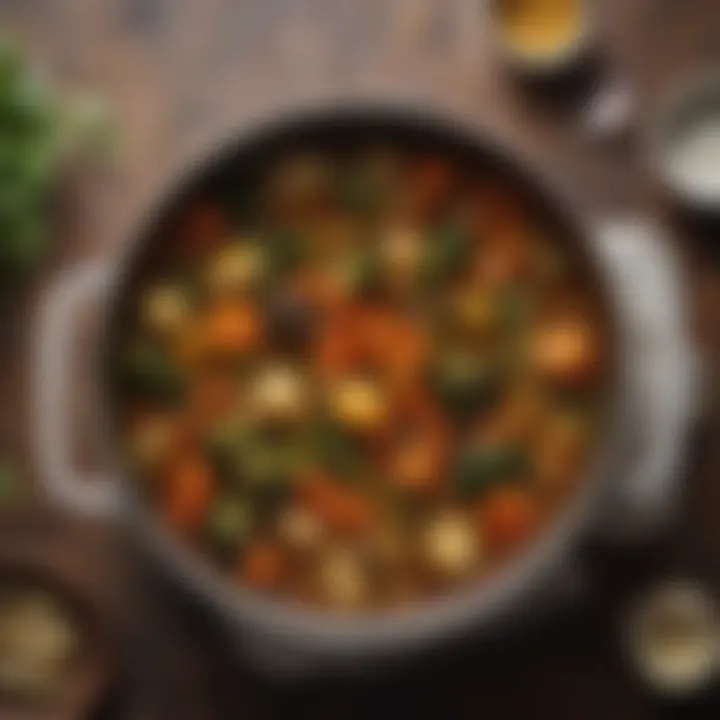 A rustic pot simmering with stewed vegetables, illustrating the melding of flavors and aromas.