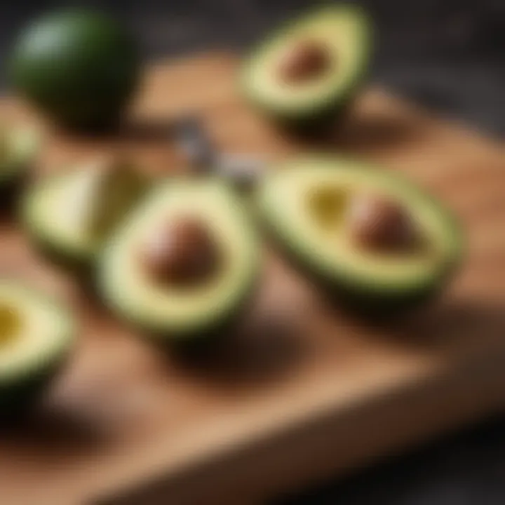 Freshly cut avocado halves displayed on a wooden board