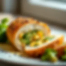 Sliced stuffed chicken breast showcasing broccoli and cheese filling