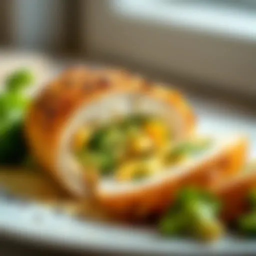 Sliced stuffed chicken breast showcasing broccoli and cheese filling