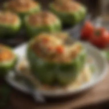 Close-up of a fork lifting a piece of stuffed green pepper revealing its savory interior.