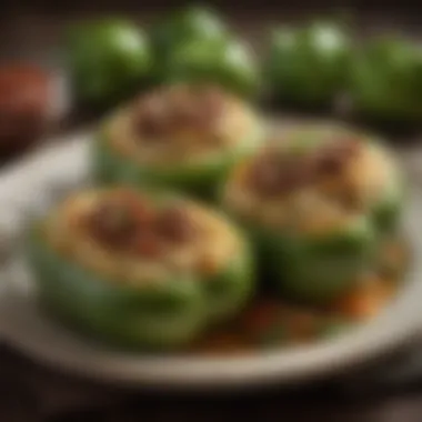 A beautifully garnished dish of stuffed green peppers decorated with herbs and spices.