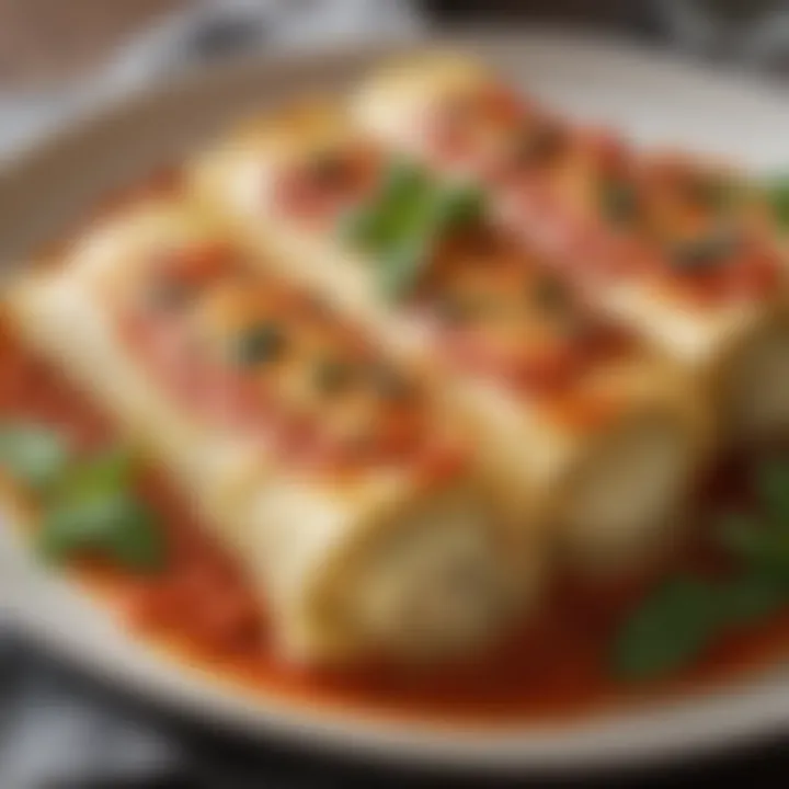 A close-up of beautifully arranged stuffed manicotti on a plate garnished with fresh herbs