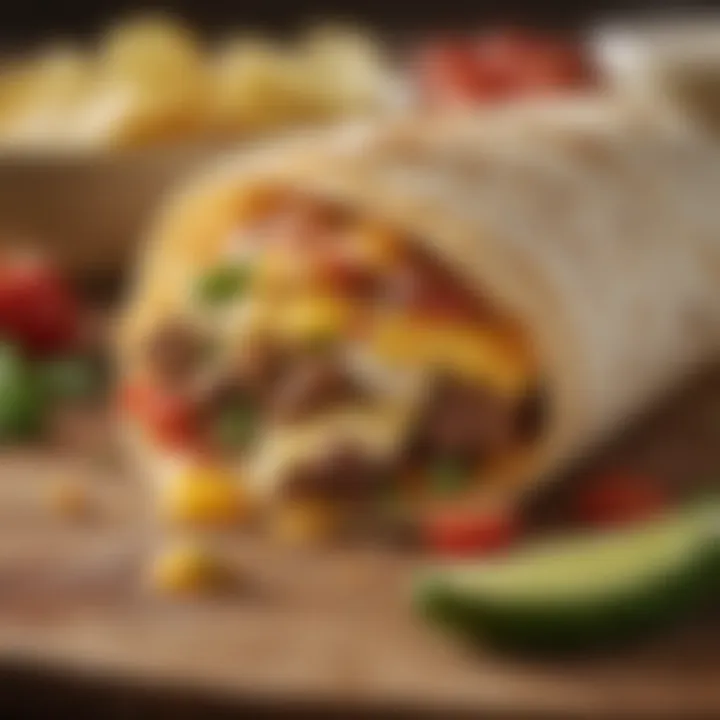 Close-up of a delicious breakfast burrito highlighting fresh ingredients.