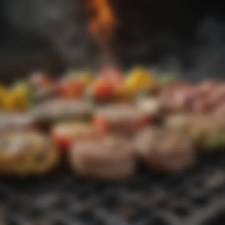 A close-up view of grilling vegetables and meats on an indoor grill.