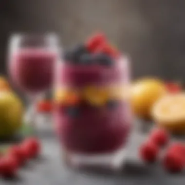 A colorful berry smoothie topped with fresh fruits and seeds