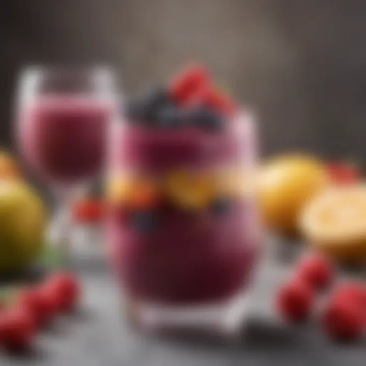 A colorful berry smoothie topped with fresh fruits and seeds