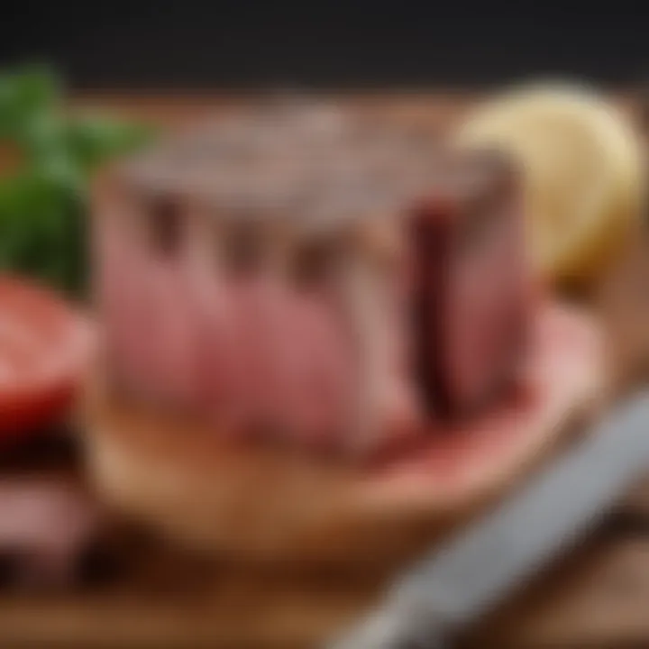 Close-up of a specialized meat mallet resting on a raw steak