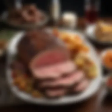 A beautifully arranged plate with rib roast and complementary side dishes