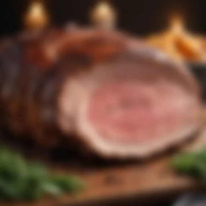 Close-up of a perfectly cooked rib roast showcasing its juicy texture