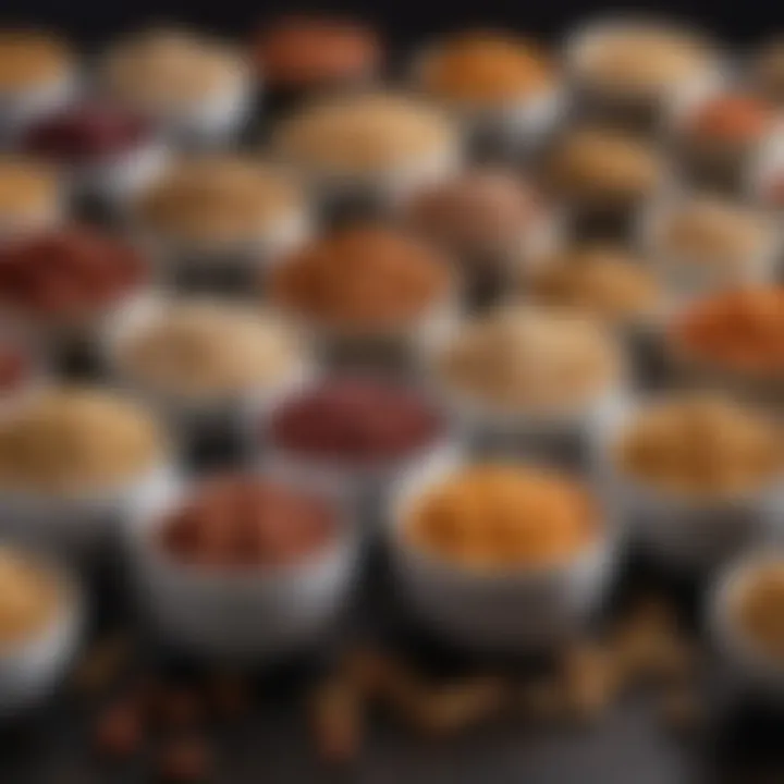 A vibrant display of various types of spicy peanuts in different bowls