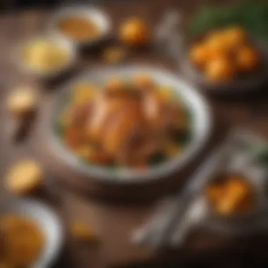 A rustic table setting featuring chicken with orange alongside fresh ingredients