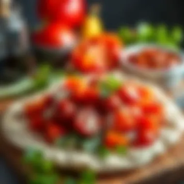 Fresh ingredients for gyro, including vegetables and sauces