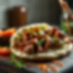 Succulent gyro meat arranged on pita bread