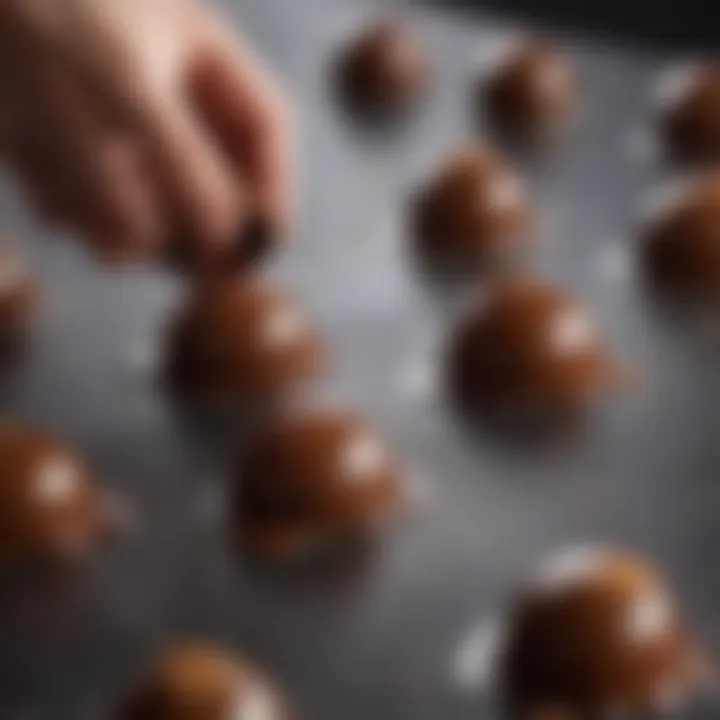 Close-up view of rich ganache being poured into molds