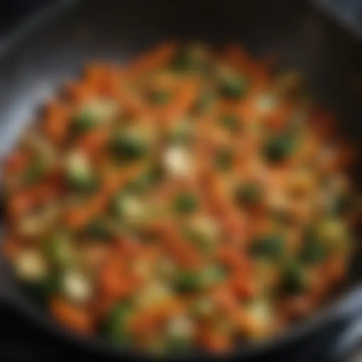 A close-up of a wok filled with perfectly sautéed vegetables