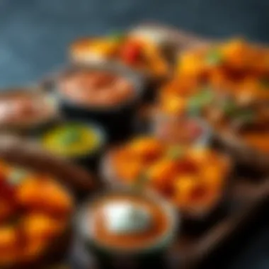 Global Sweet Potato Pairings Colorful presentation of sweet potatoes served with a variety of international dips