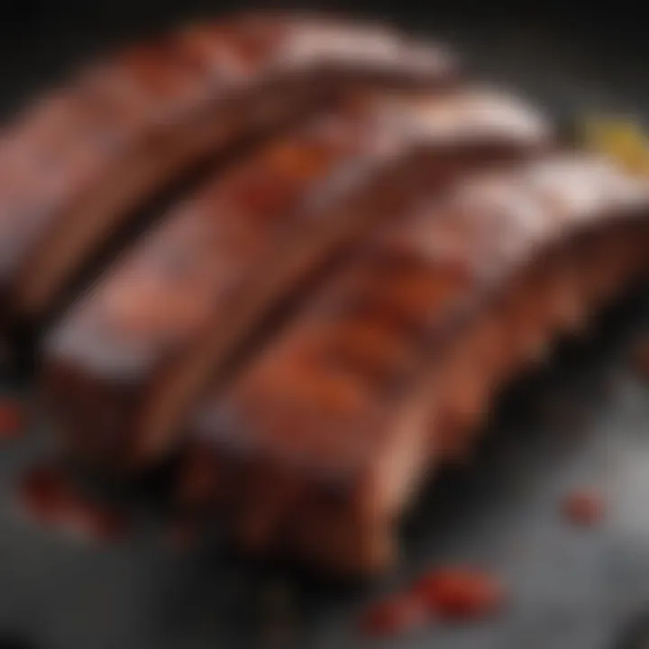 Close-up of perfectly smoked ribs glistening with a rich sauce.