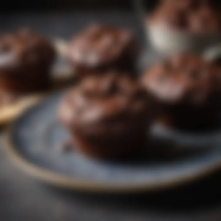 Decadent double chocolate muffins freshly baked and presented on a decorative plate