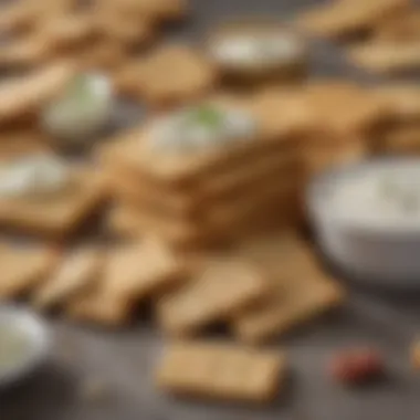 A close-up of a variety of hot crackers with a vibrant ranch dressing on the side.