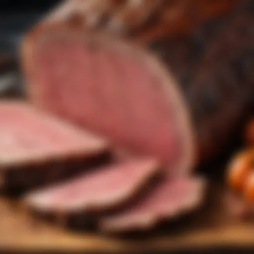 A close-up view of a beautifully smoked corned beef brisket, showcasing its rich color and texture.