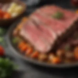 A close-up of fresh beef cuts with vibrant herbs and vegetables.