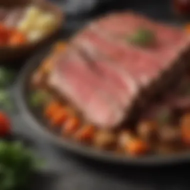 A close-up of fresh beef cuts with vibrant herbs and vegetables.