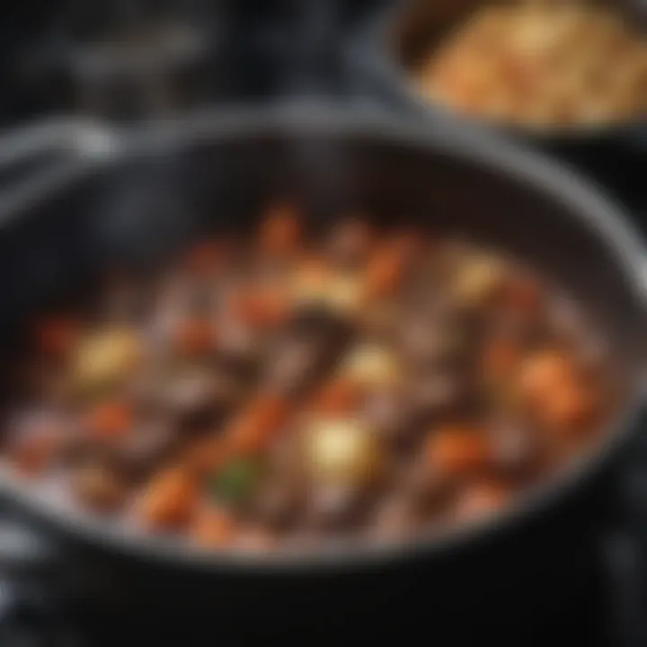 A simmering pot of rich, aromatic beef stew on the stove.