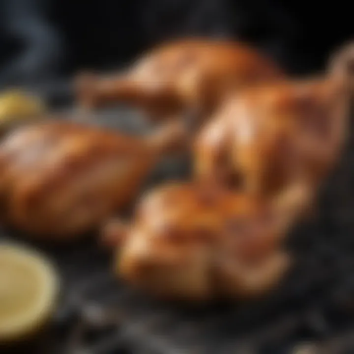 A smoke-filled grill with chicken pieces being infused with flavor.