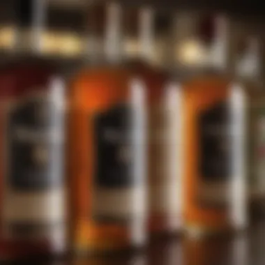 A close-up view of unique labels on celebrity liquor bottles.