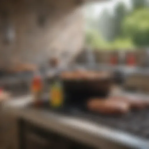 A variety of effective gas grill cleaning products on a kitchen counter.