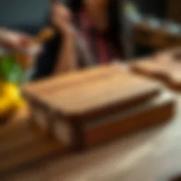 A beautifully crafted wooden cutting board showcasing its grain and texture.
