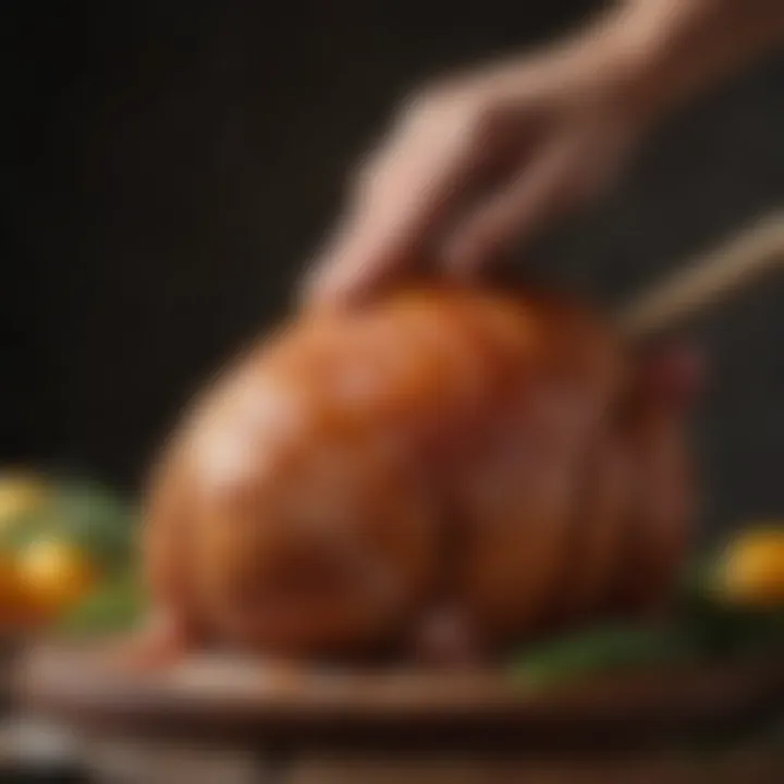 A close-up of a savory glaze being brushed onto a ham, revealing the rich colors and enticing aroma.