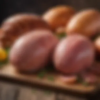 A selection of different types of ham displayed on a wooden board, highlighting various textures and colors.