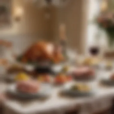 An elegantly arranged table with Easter ham, side dishes, and wine, creating a festive dining atmosphere.