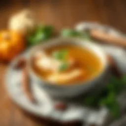 A warm bowl of chicken broth surrounded by fresh herbs and spices