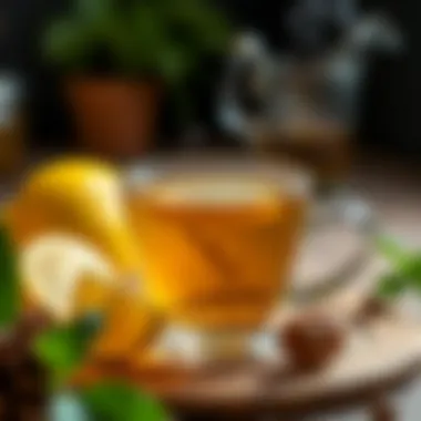 A steaming cup of herbal tea with lemon and honey