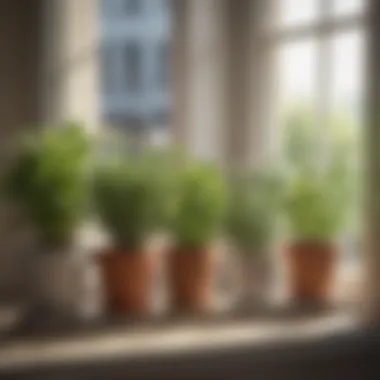 A sunny windowsill displaying potted herbs.